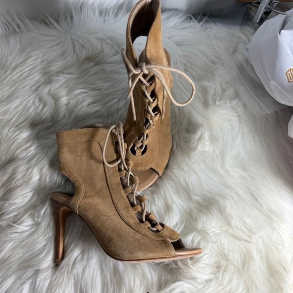 Joie Tan Suede Lace Up Peep Toe Booties Stiletto Heel Sandals 36